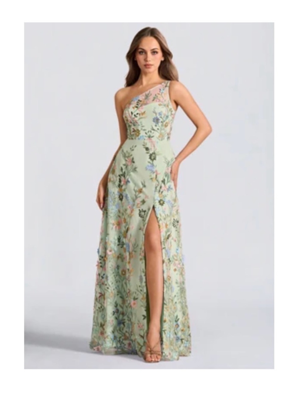 Azazie Mint One-Shoulder Floral Embroidered Gown